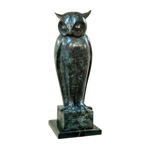 Owl on Marble Base Bronze Statue Contemporary Fine Art Sculpture
